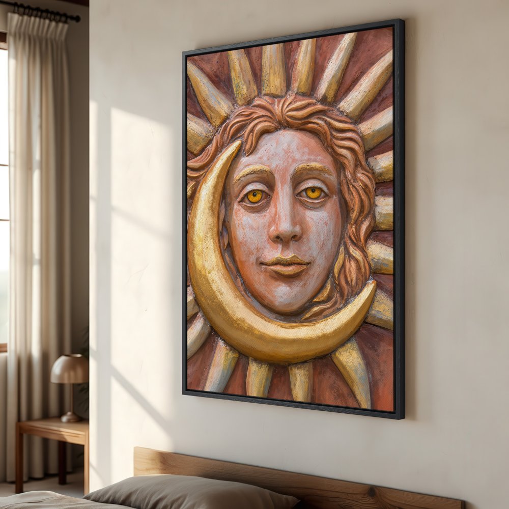 Framed Wall Art: Sun and Moon face in warm earth tones. Add celestial art to your bedroom decor!