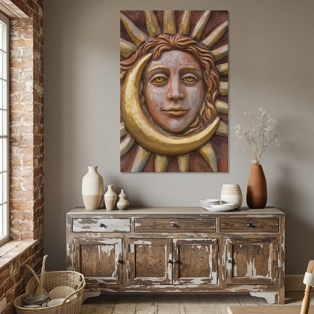 Framed Wall Art featuring a sun and moon face in warm, earthy tones. Add celestial charm to your dining room!