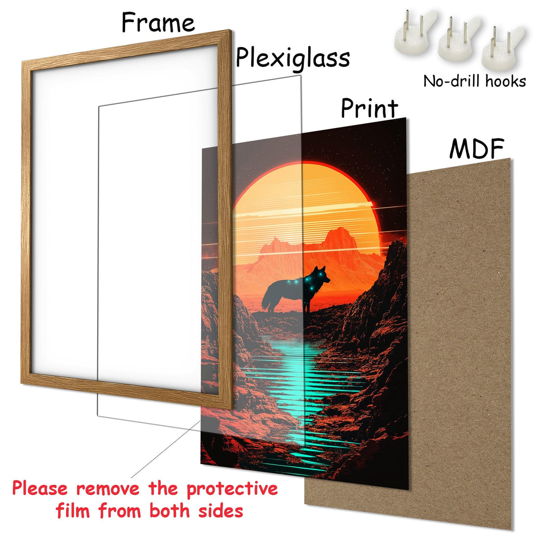 Framed Poster featuring a wolf in a desert landscape with a vibrant orange and teal color palette. Perfect wall art!