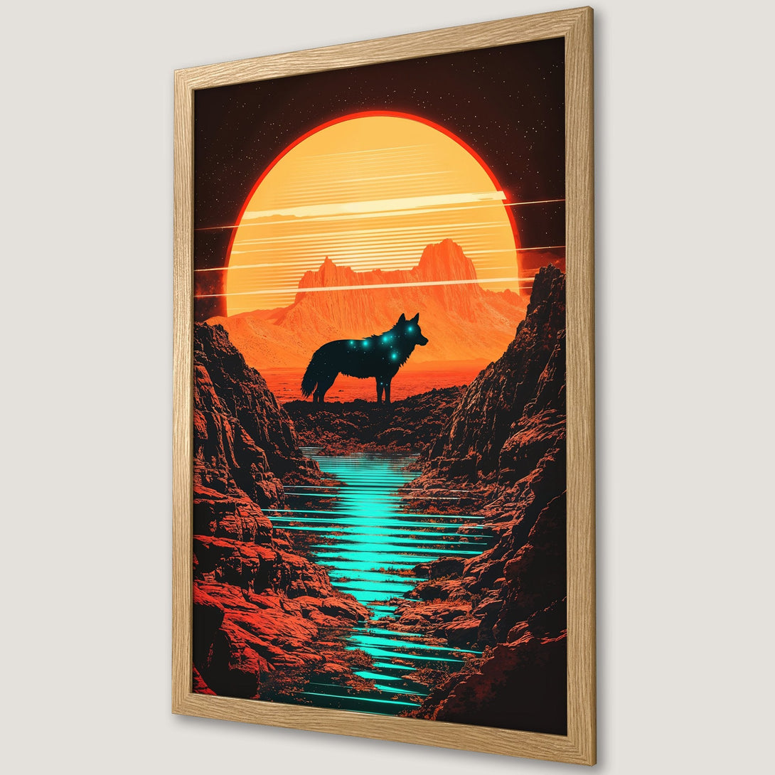 Framed Poster featuring a wolf silhouette in a vibrant, retro-style landscape with a warm orange and teal color palette. Perfect wall art!