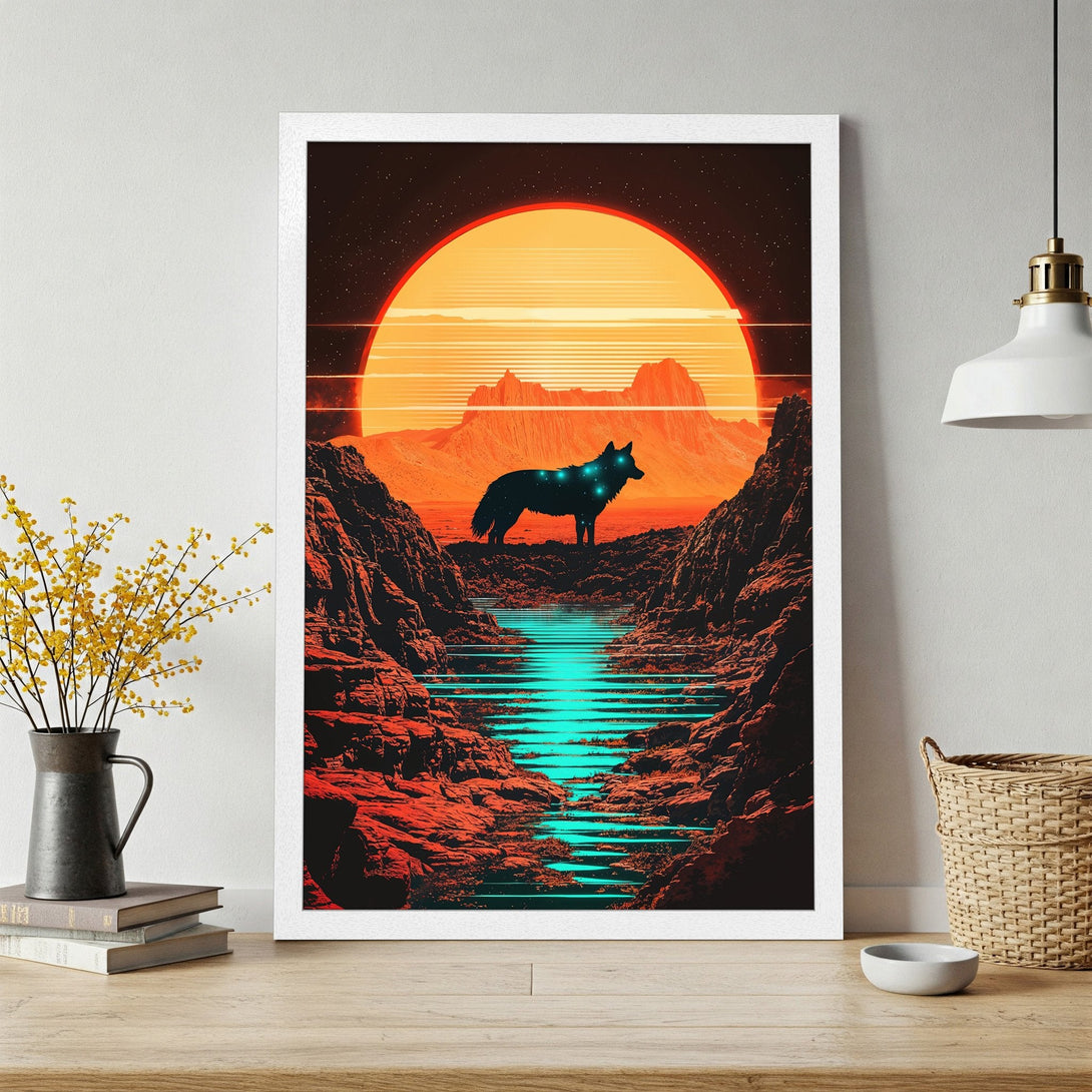Framed Poster featuring a wolf in a retro landscape. Bold, vibrant colors of orange, red, and turquoise create a striking art piece.