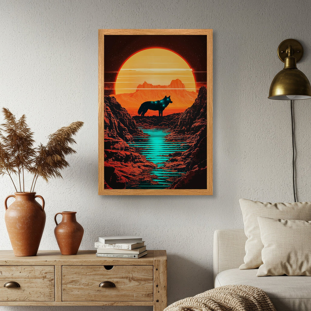 Framed Poster featuring a wolf in a retro style with a sunset color palette. Add this stunning art print to your home decor!