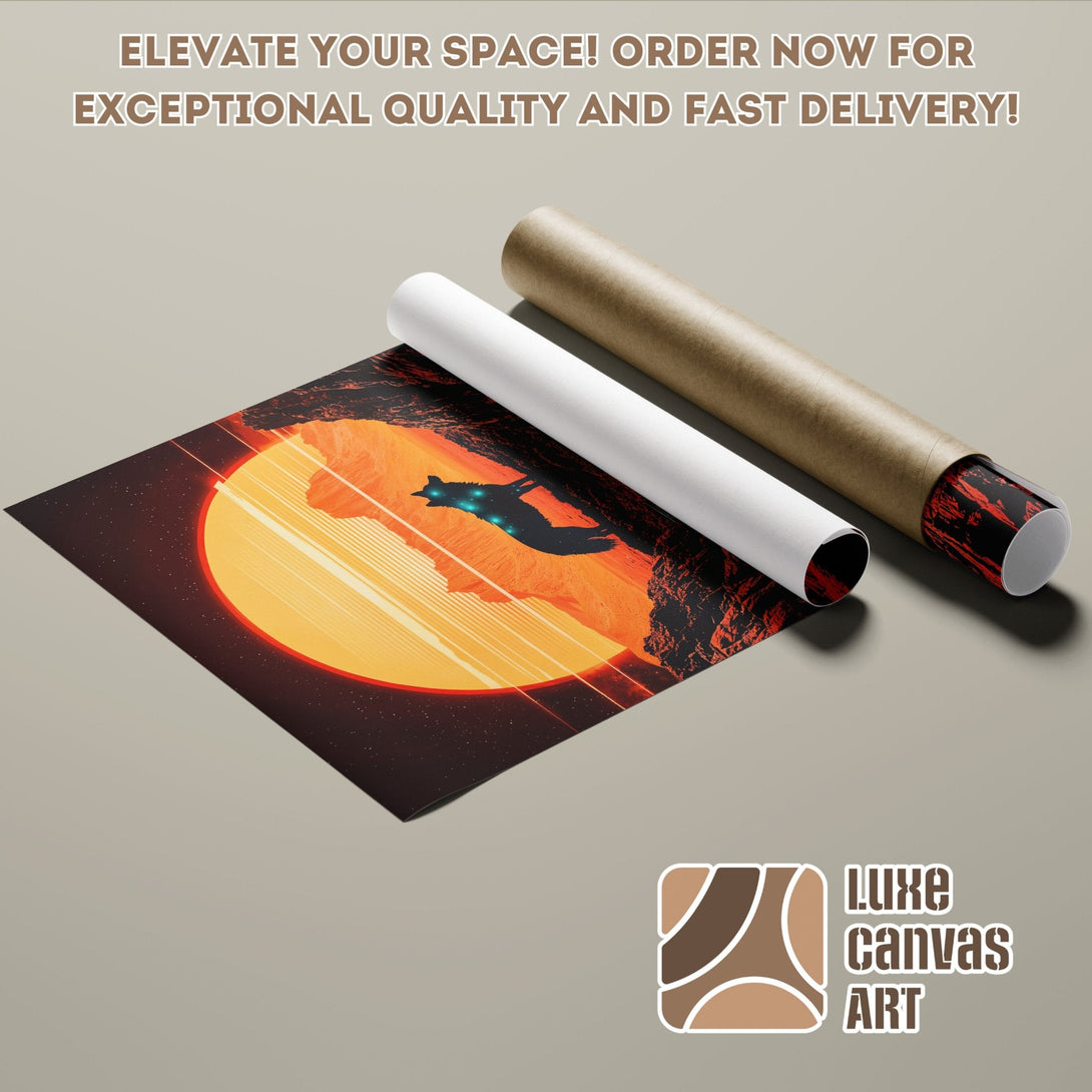 Poster Roll featuring a wolf silhouette against an orange sunset, modern art style, warm color palette. Order now!