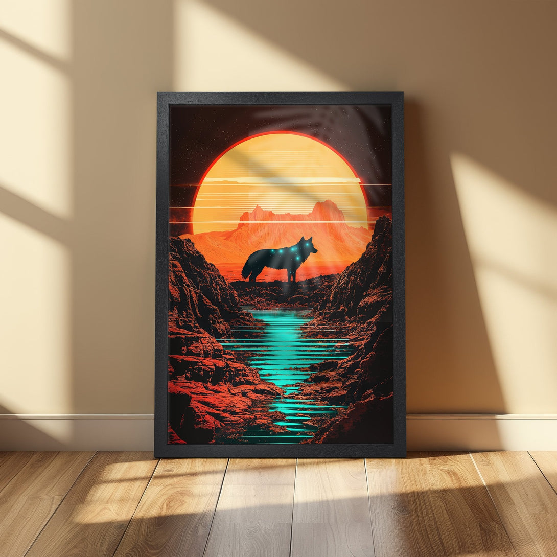 Framed Poster featuring a wolf in a surreal landscape with a vibrant orange and teal color palette. Perfect wall art!