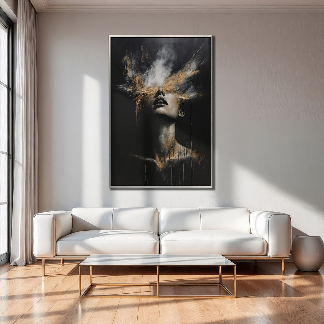 Framed Wall Art featuring an abstract female portrait in a modern interior. Dramatic black, gold, and white color palette, perfect for a stylish living room.