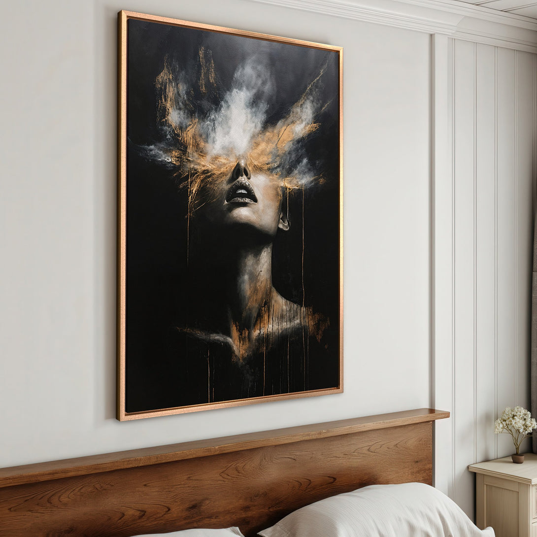 Framed Wall Art featuring an abstract portrait in black, gold, and white. Modern art canvas print adds a touch of elegance to any interior.