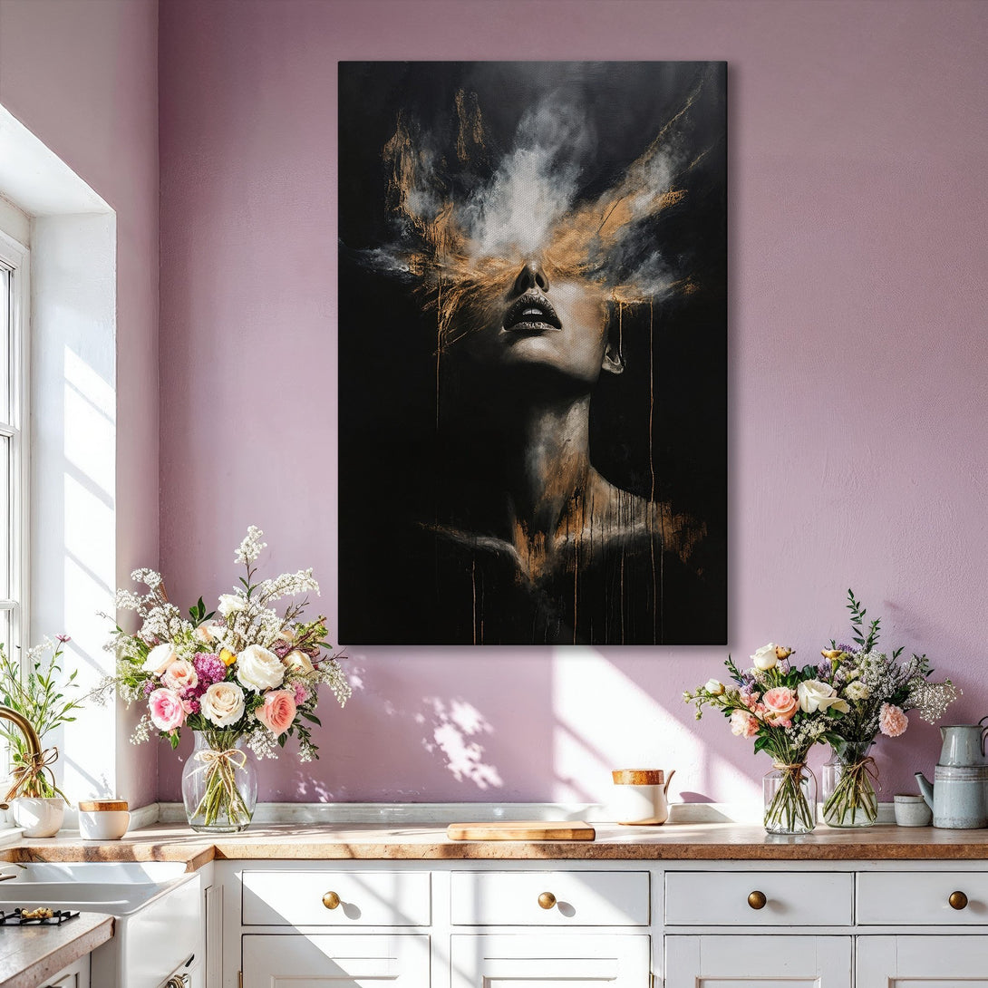 Framed Wall Art featuring a woman's portrait in a modern, abstract style. Black, gold, and white color palette. Perfect for living room decor.