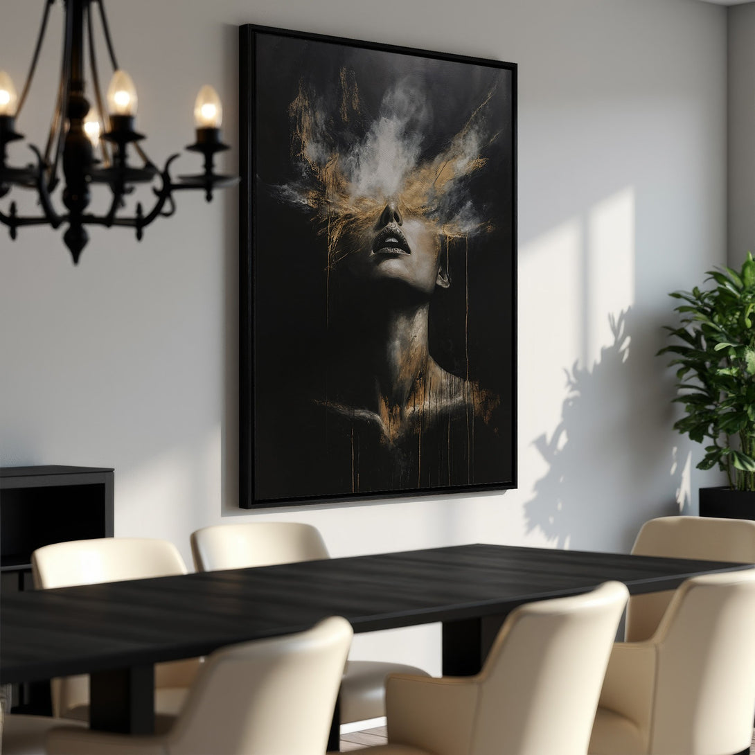 Framed Wall Art: Dramatic portrait Canvas Print in black, gold, and white. Modern art piece for a stylish dining room. Shop now!