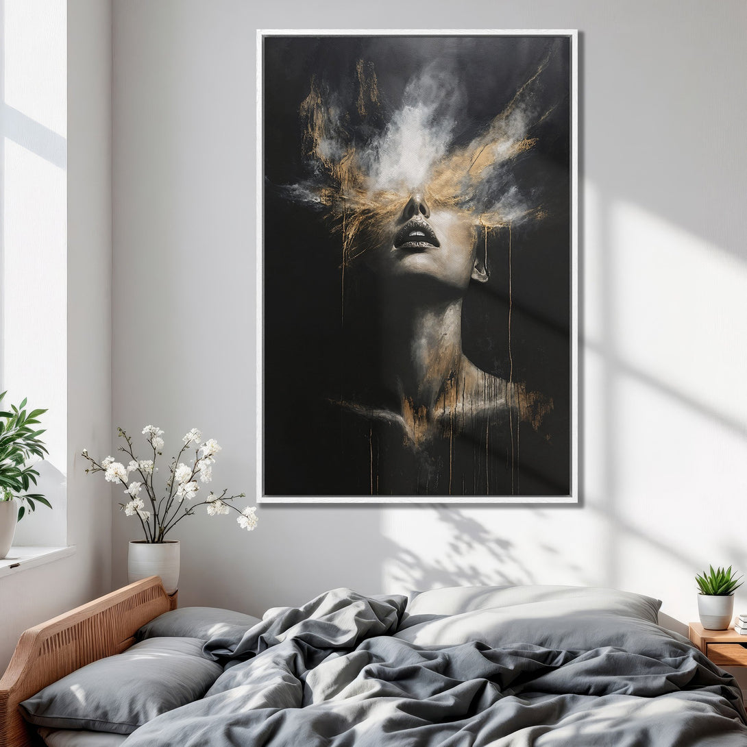 Framed Wall Art: Abstract portrait in black, gold, and white. Modern canvas print of a woman's face. Perfect bedroom decor.