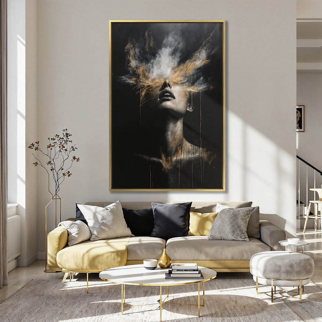 Canvas Print of a woman's face with abstract gold accents, set in a modern kitchen. Dramatic, artistic style with a dark, gold, and black color palette.