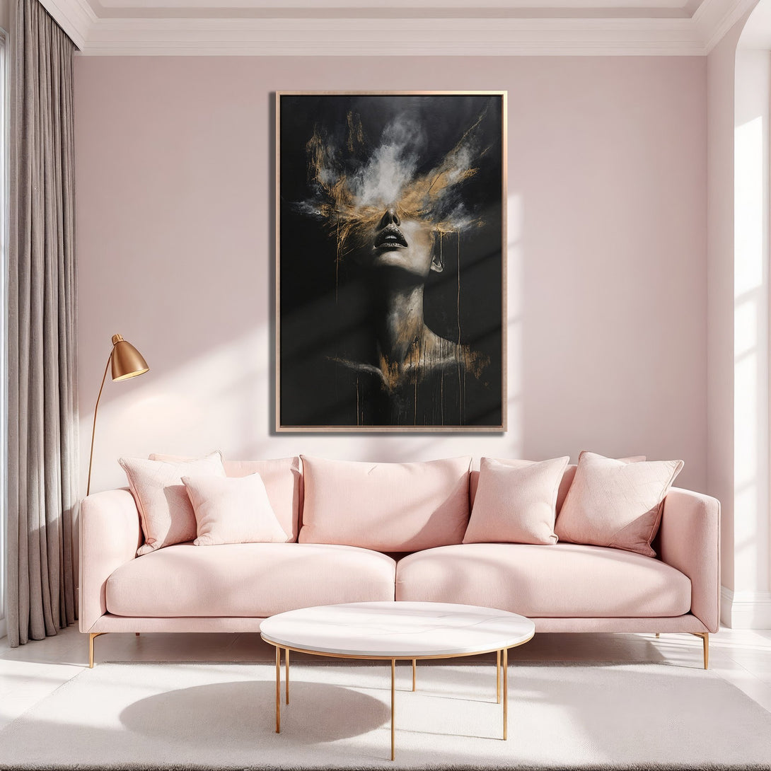 Framed Wall Art featuring a woman with gold accents, on a black background. Modern art in a blush and gold color palette. Elevate your space!