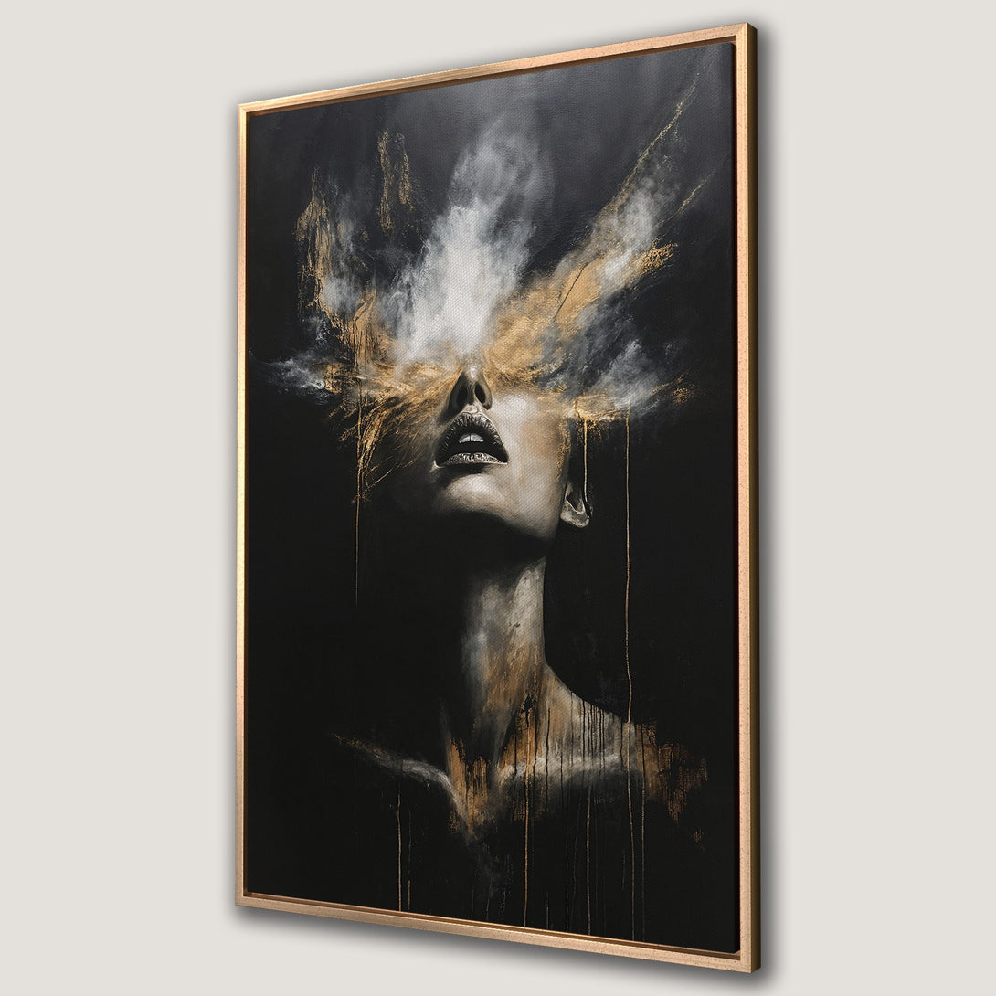 Framed Wall Art: Abstract portrait in black, gold, and white. Modern canvas print of a woman with ethereal gold accents. Elevate your space with this stunning artwork.