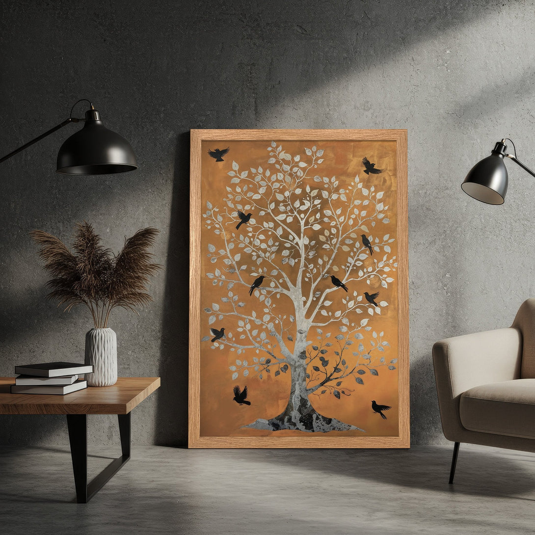 Framed Poster featuring a stylized tree with birds, in a warm orange and silver color palette, perfect for modern decor.