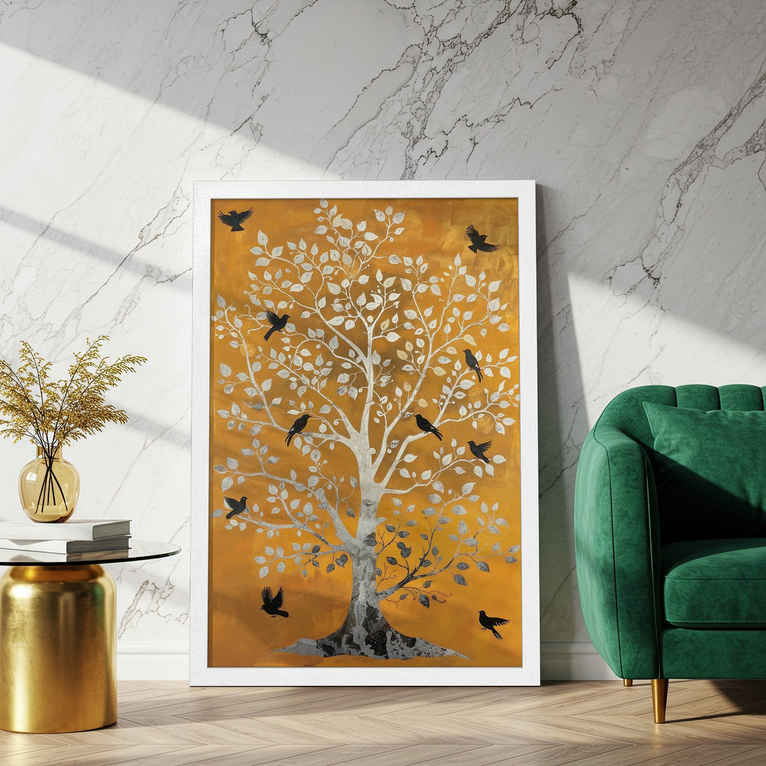 Framed Poster featuring a tree with birds, artistic style, gold, silver, and black color palette. Add a touch of elegance to your space!