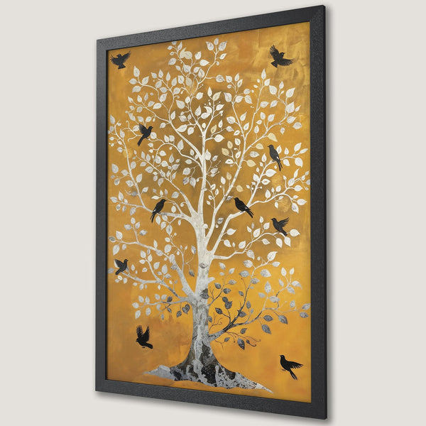 Framed Poster featuring a stylized tree with birds, gold and silver palette, perfect for home decor.