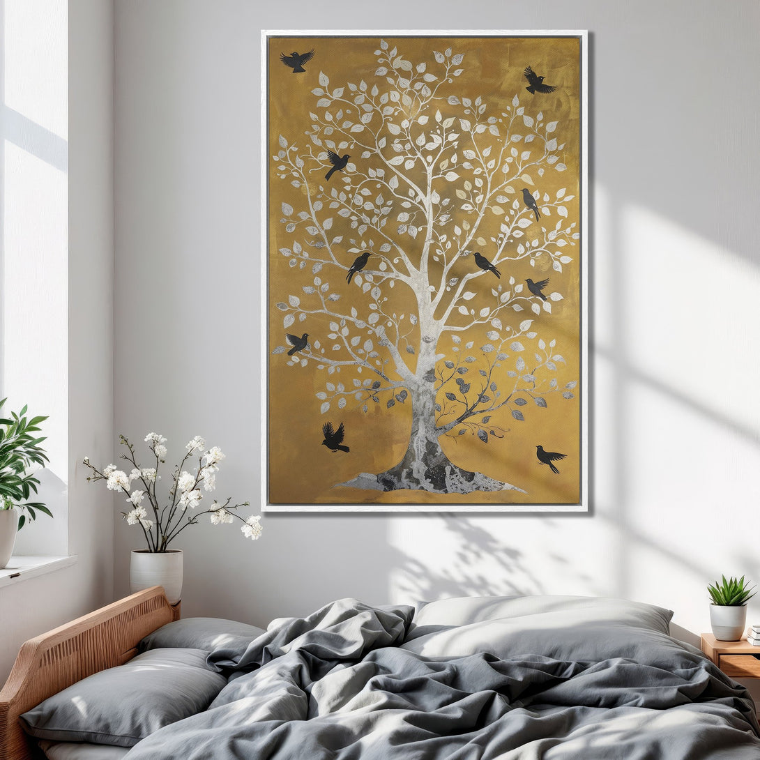 Framed Wall Art: Gold & silver tree with birds. Modern Canvas Print adds elegance to bedroom decor. Warm gold and neutral color palette.