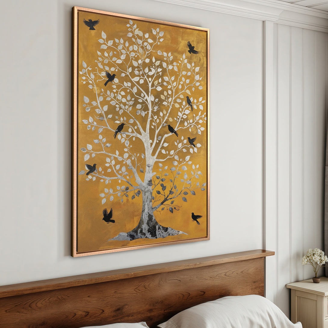 Framed Wall Art: Golden tree with black birds. Modern art print with silver and gold color palette. Perfect for living room or bedroom decor.