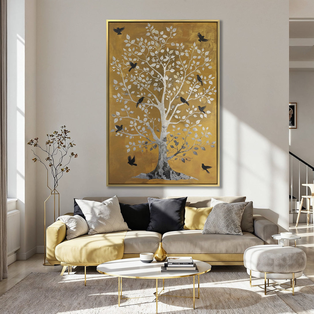 Canvas Print of a tree with birds in gold, silver, and black. Adds a touch of elegance to any space. Features a warm color palette.