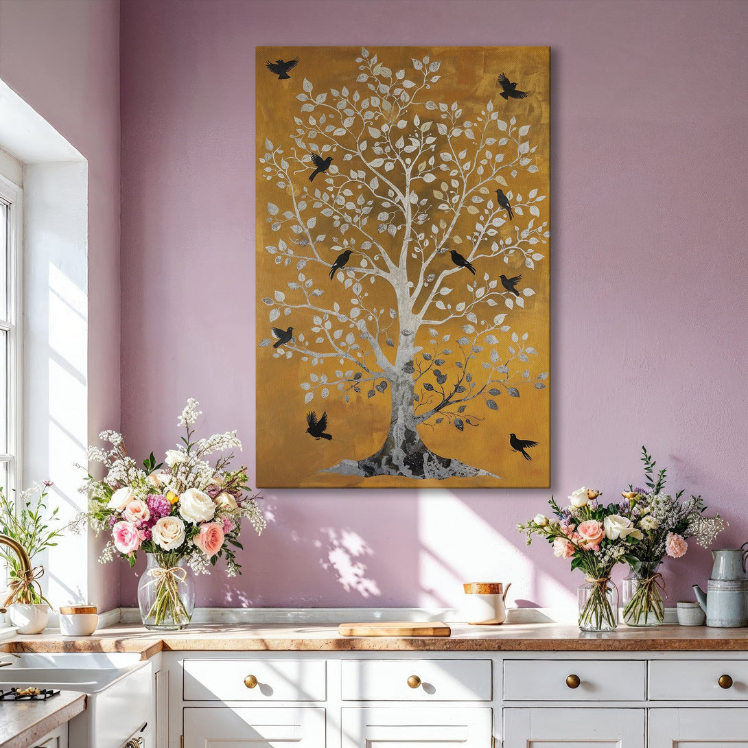Framed Wall Art: Gold tree with birds, modern style, warm gold and silver color palette. Perfect for living room decor.