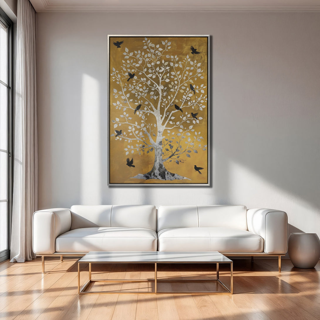 Framed Wall Art: Gold & silver tree with birds. Modern art Canvas Print in a living room. Warm color palette, perfect for home decor.