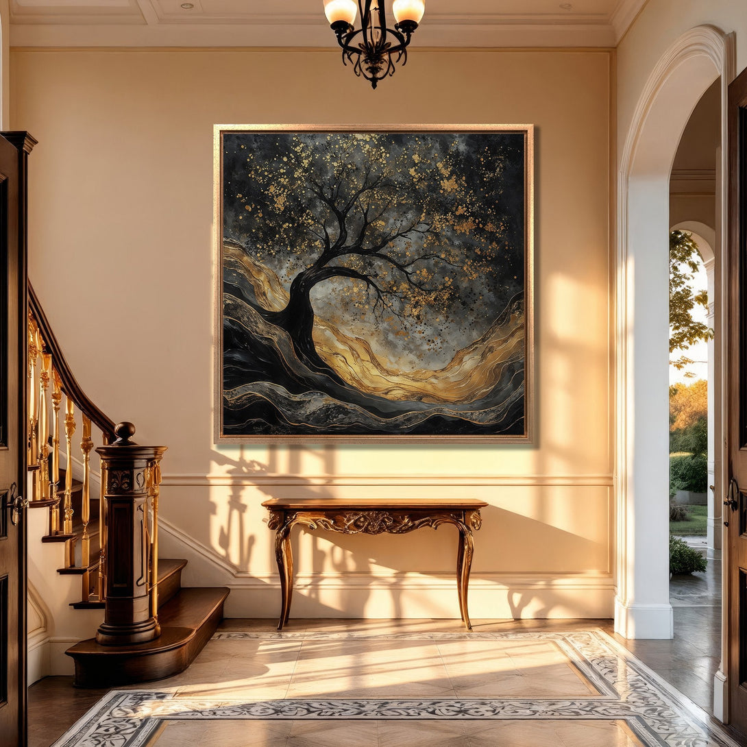 Framed Wall Art: Abstract tree painting with gold and black tones. Modern canvas print adds elegance to any home decor.