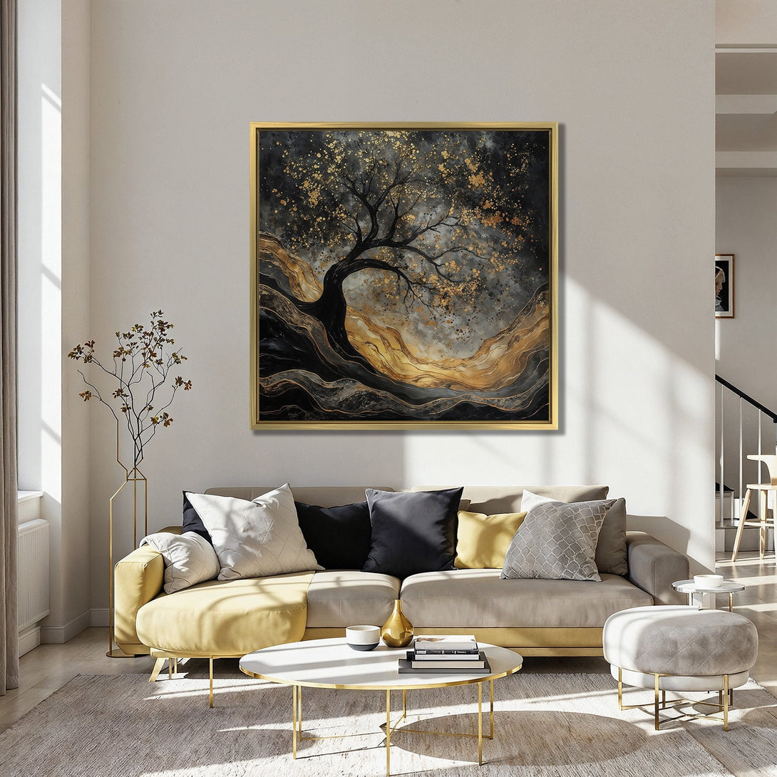 Canvas Print of a dramatic tree art piece in gold and black tones, perfect for adding a touch of elegance to your living room.