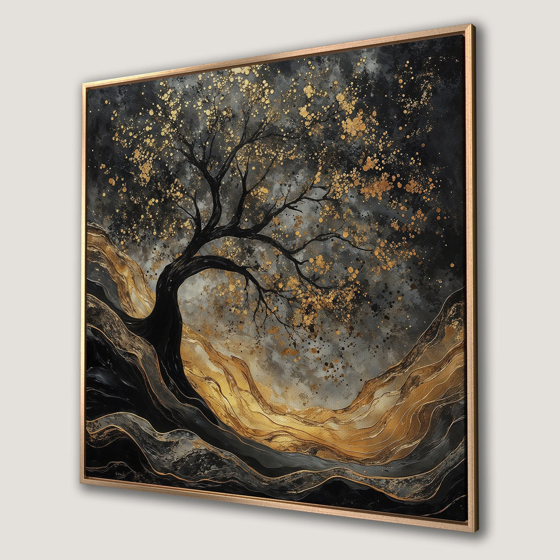 Framed Wall Art: Abstract tree art in gold and black. Modern canvas print with a luxurious, elegant style. Perfect for home decor.