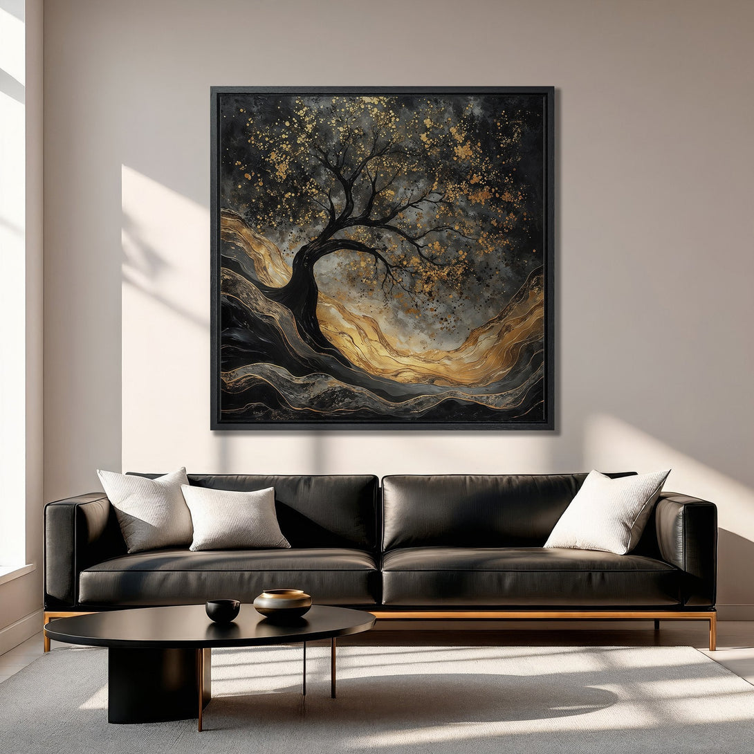 Framed Wall Art: Abstract tree art in black, gold, and gray tones. Modern canvas print adds elegance to living room decor. Shop now for stylish wall art.
