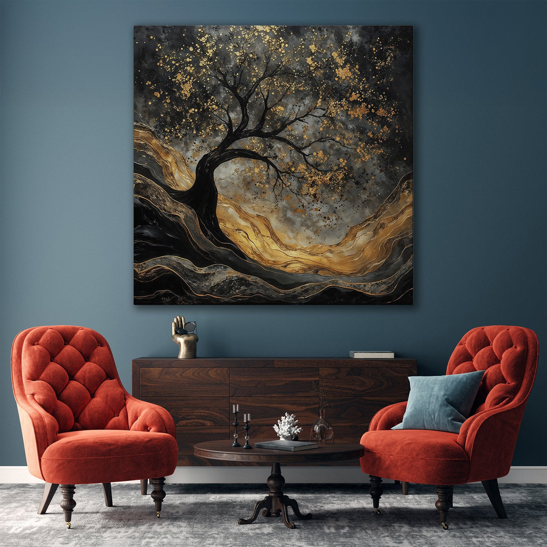 Framed Wall Art: Abstract tree painting in gold, black, and gray tones. Modern canvas art adds elegance to any interior. Shop now!
