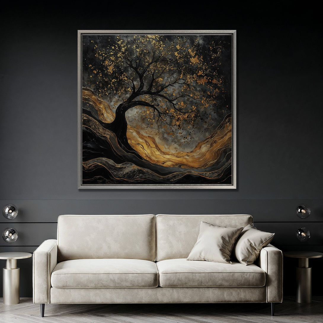 Framed Wall Art: Abstract tree art print in gold and black. Modern canvas art for living room decor. Elegant, stylish, and eye-catching.