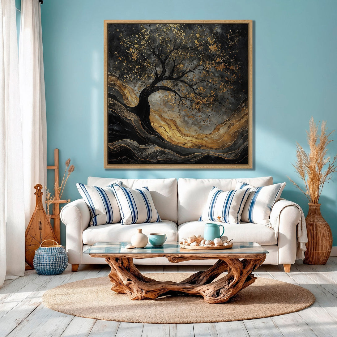 Framed Wall Art: Abstract tree painting in gold, black, and gray tones. Modern canvas art for living room decor. Adds a touch of elegance to any space.