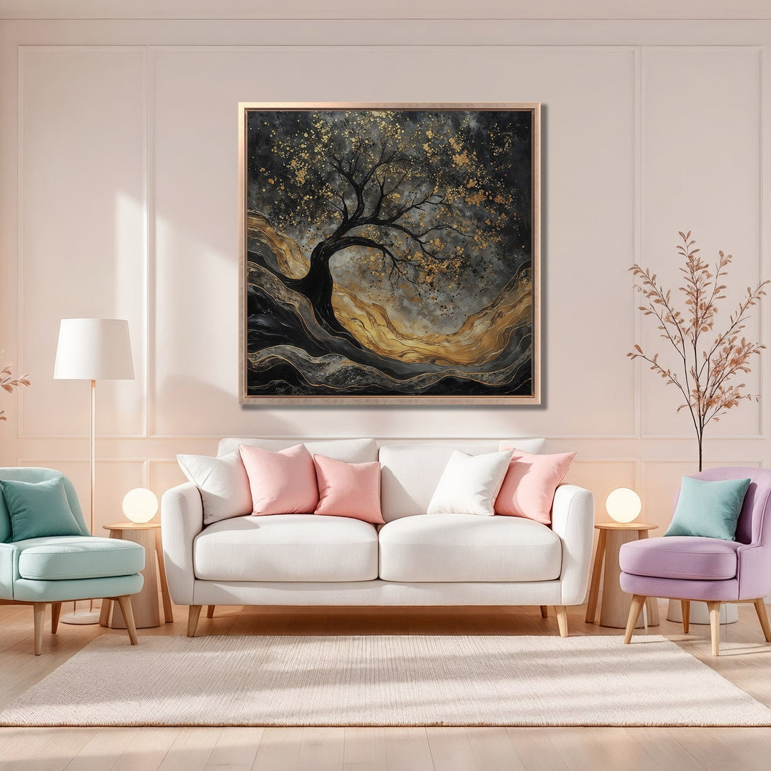 Framed Wall Art: Abstract tree art in black, gold, and gray. Modern canvas print adds elegance to any living room. Neutral color palette.
