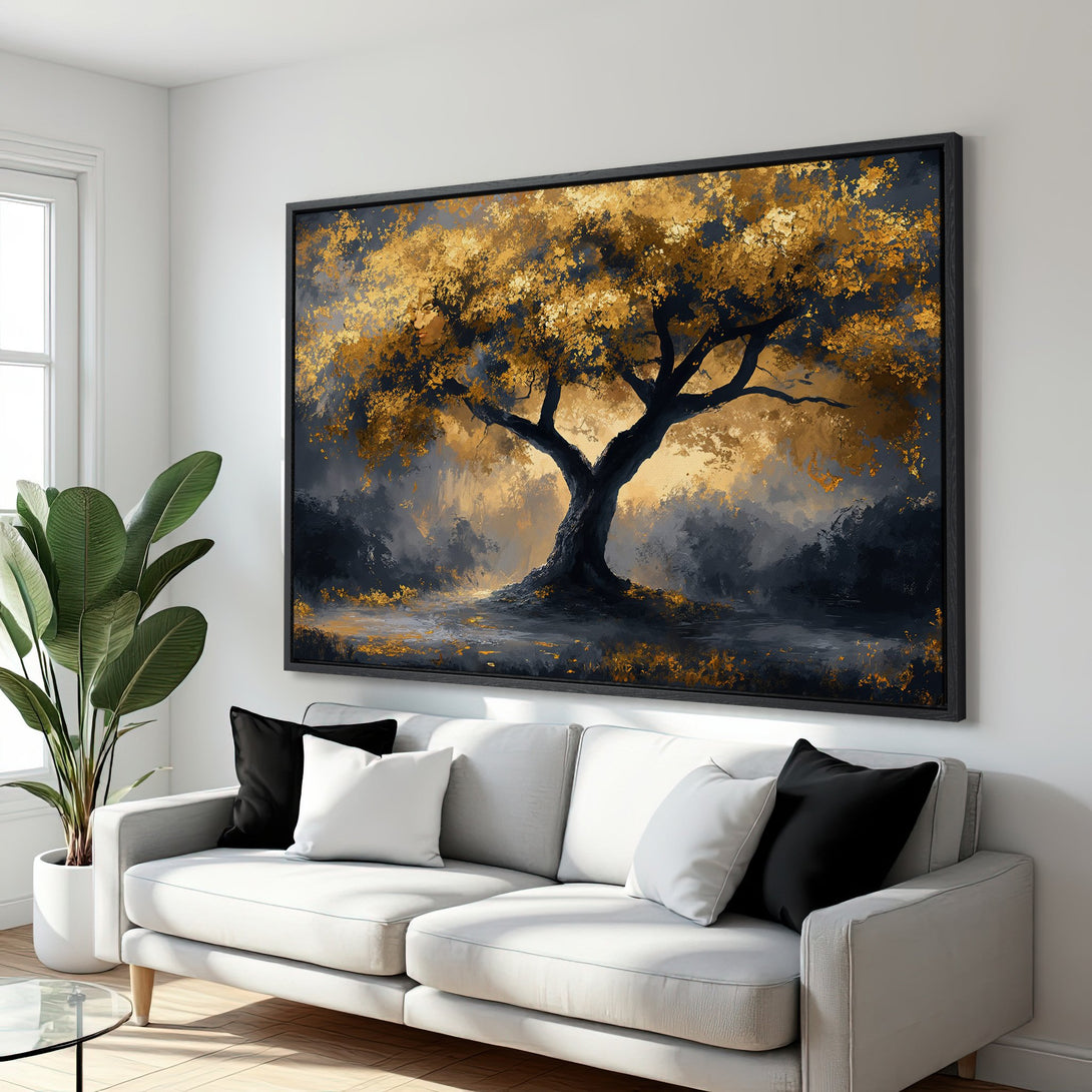 Framed Wall Art: Abstract tree painting in gold and navy blue. Modern canvas print adds elegance to living room decor.