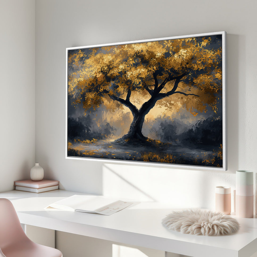 Framed Wall Art: Abstract golden tree painting in a modern interior. Features a dramatic gold & navy color palette, perfect for living room decor.