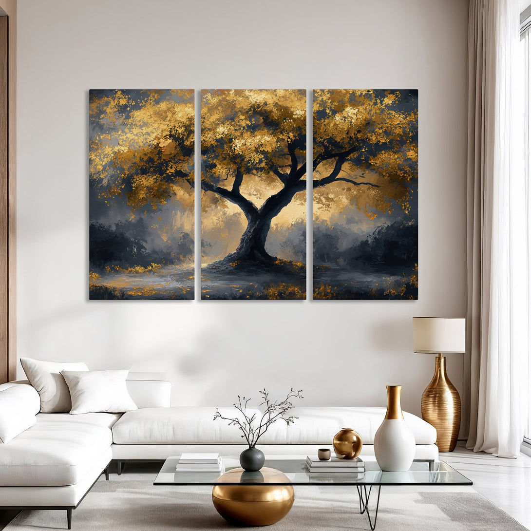 Canvas Print of a majestic tree in a gold and navy blue color palette. Modern abstract art perfect for any interior.