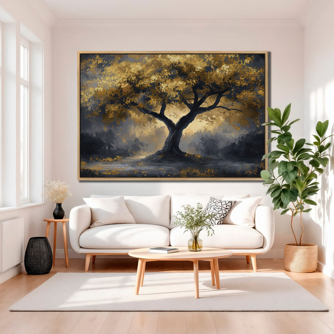 Framed Wall Art featuring an abstract tree painting with gold and dark gray tones. Modern art for living room decor.