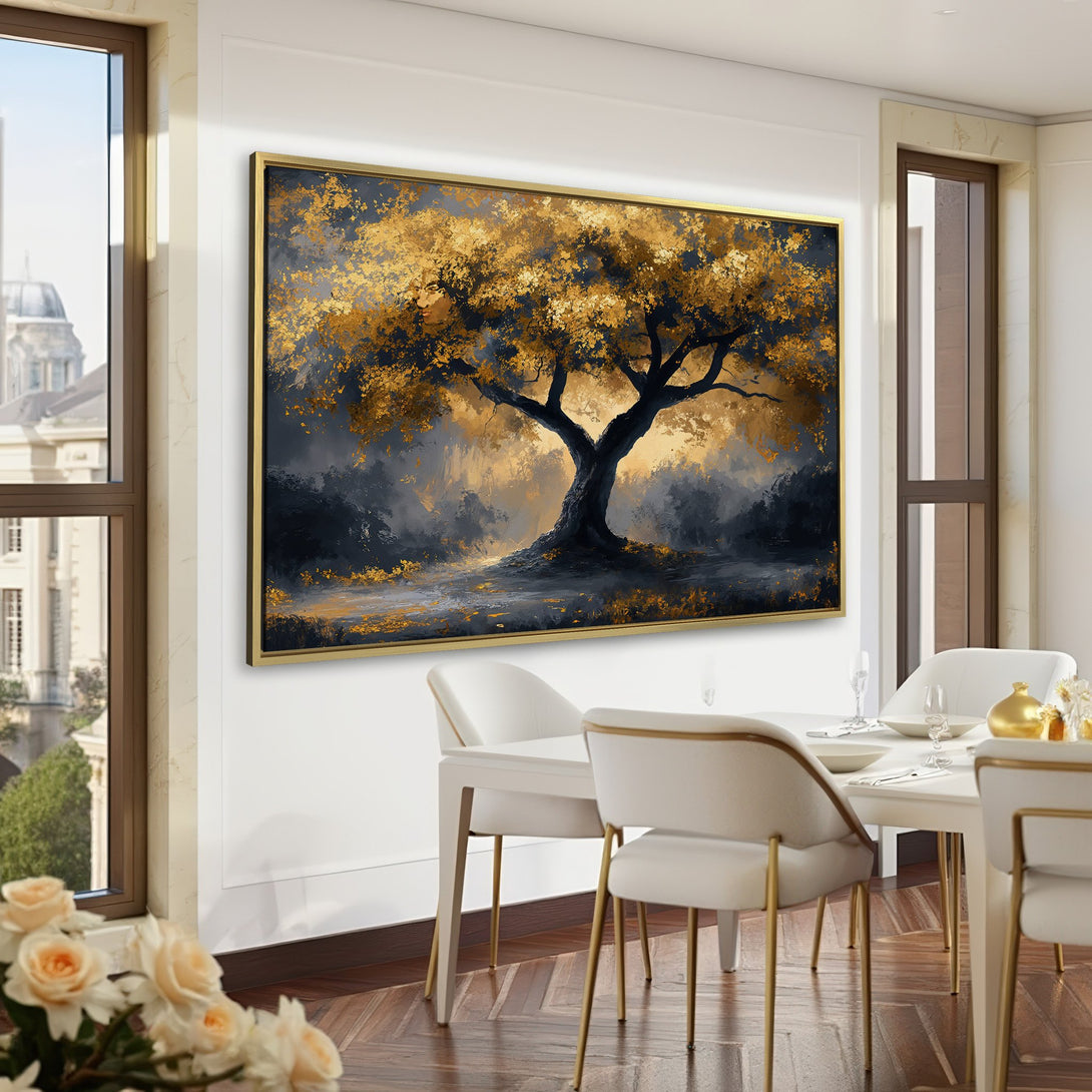Canvas Print of a golden tree painting. Elegant wall art with a dark, moody color palette, perfect for home decor.