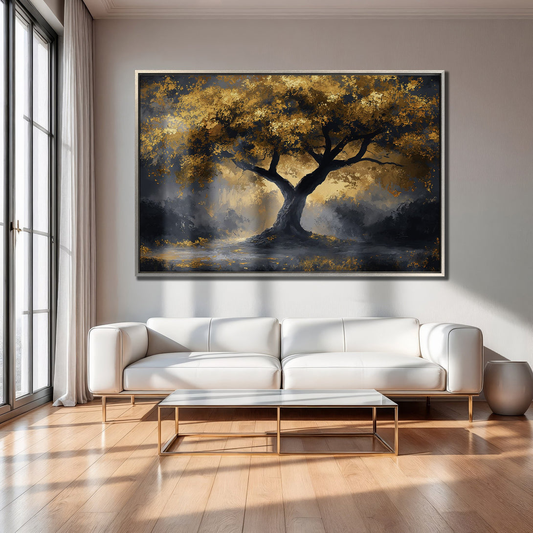Framed Wall Art: Golden tree art print in a modern living room. Elegant abstract style with gold, black, and neutral tones. Elevate your decor!