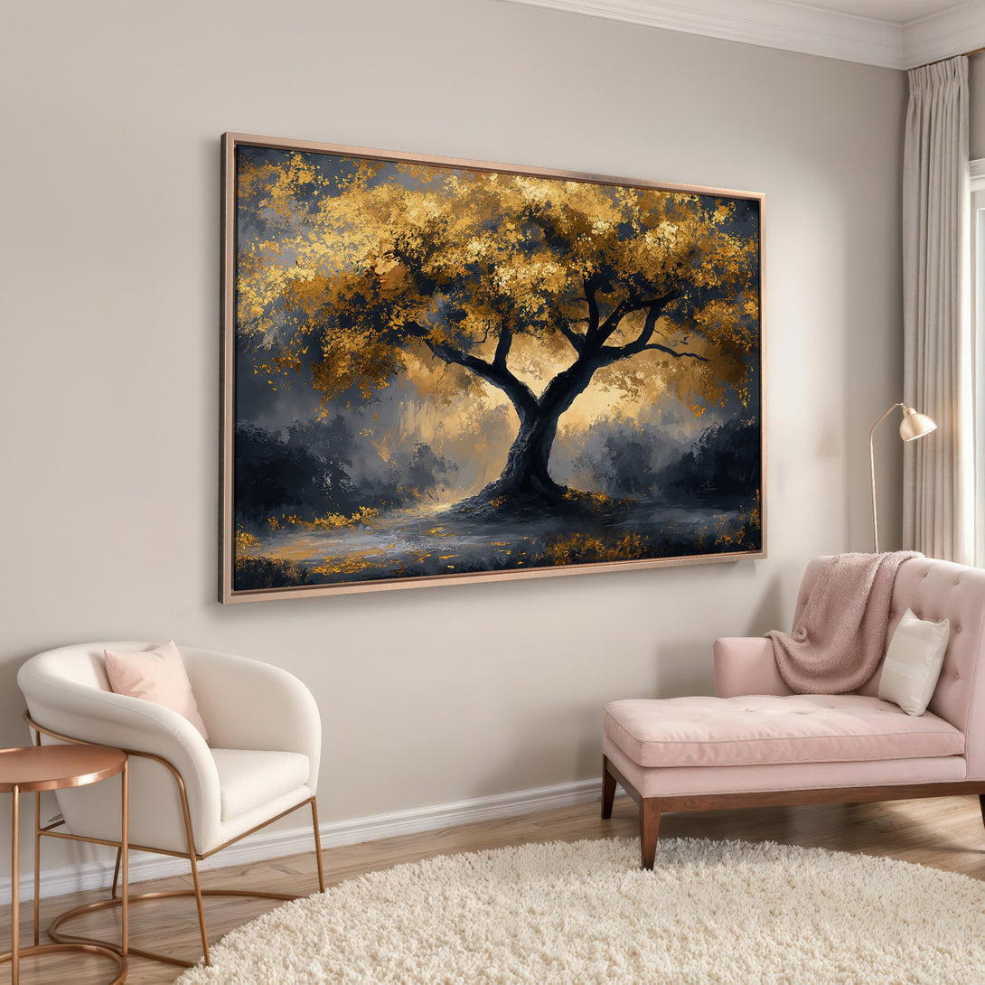 Framed Wall Art: Abstract tree painting in gold and navy. Modern art canvas print adds elegance to any space. Warm color palette.