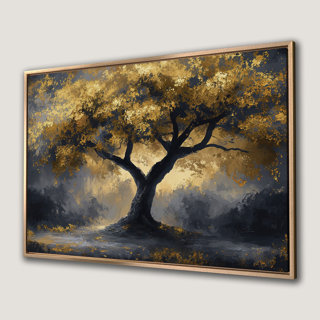 Framed Wall Art: Stunning abstract tree painting in gold and dark blues. Elevate your space with this elegant canvas print.