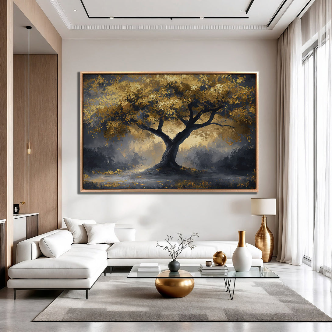 Framed Wall Art: Majestic golden tree canvas print in a modern living room. Dramatic art with gold, black, and neutral tones. Elevate your space!
