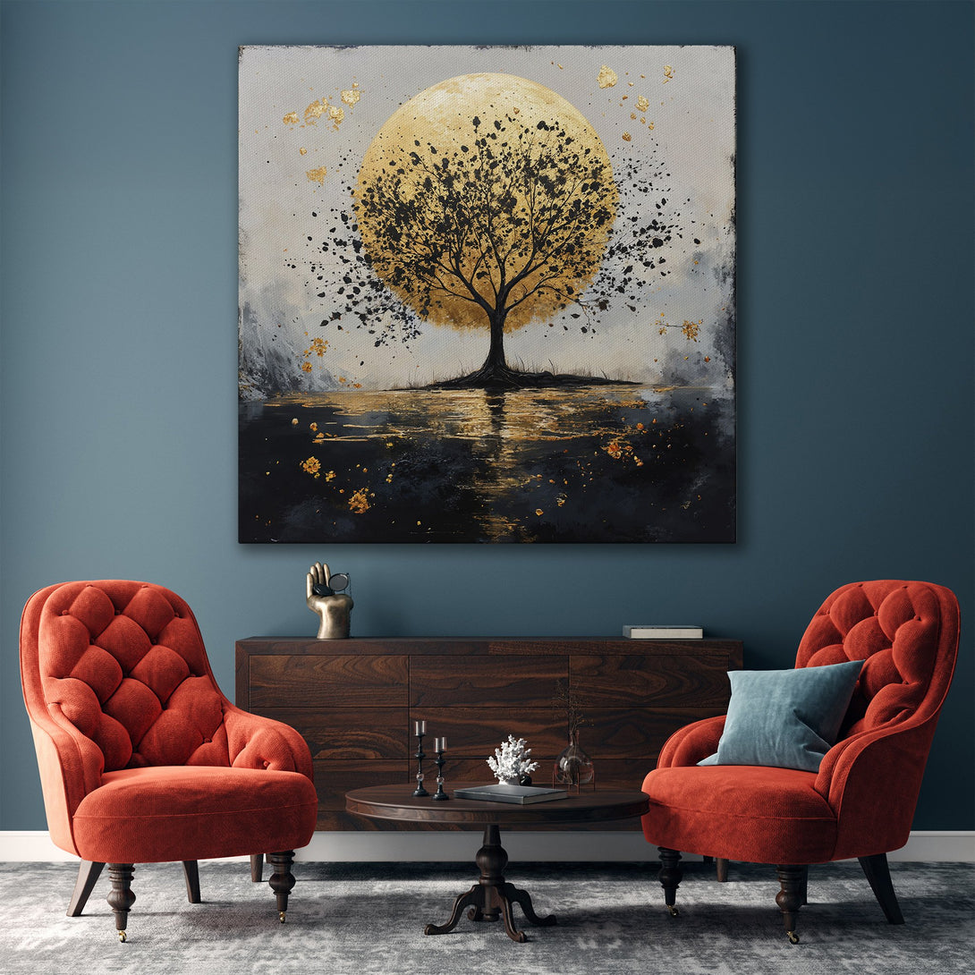 Framed Wall Art: Abstract tree art with gold accents in a modern living room. Black, gold, and neutral color palette. Elevate your space with this stunning canvas print.