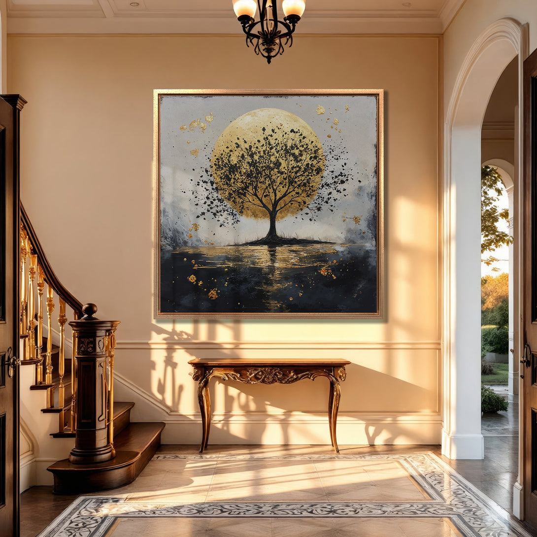 Framed Wall Art: Abstract tree art in a gold, black, and gray color palette. Modern canvas print adds elegance to any interior. Shop now!