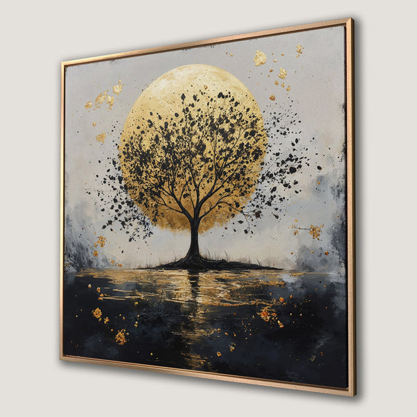 Framed Wall Art: Abstract tree painting with gold and black accents. Modern art canvas print with a serene, nature-inspired aesthetic and a sophisticated color palette.
