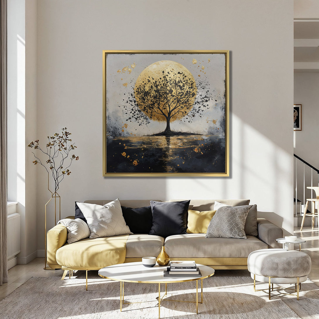Abstract Canvas Print of a tree with a golden sun, displayed in a stylish interior. Features black and gold accents on a neutral background.