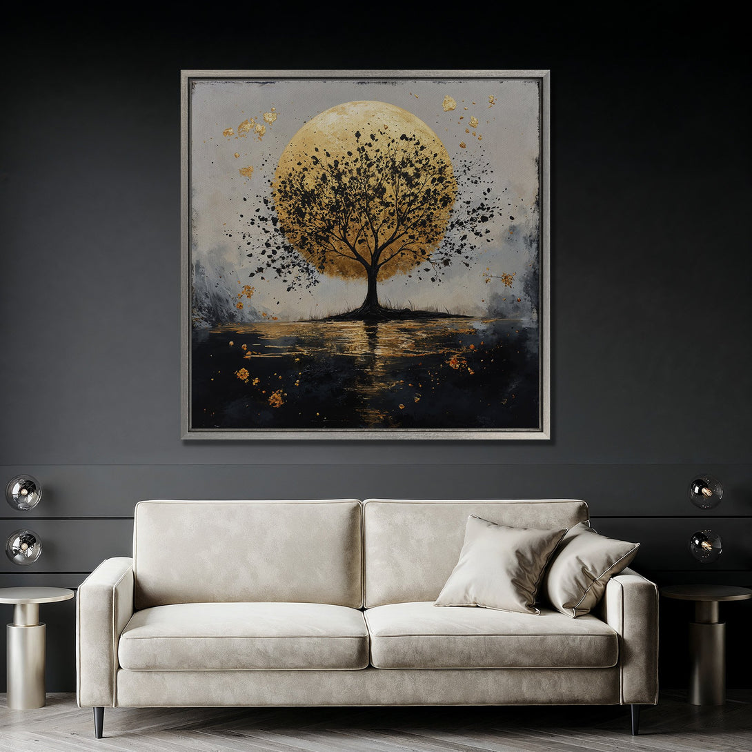 Framed Wall Art: Abstract tree art in gold & black, displayed above a sofa. Modern canvas print with a neutral color palette, perfect for home decor.
