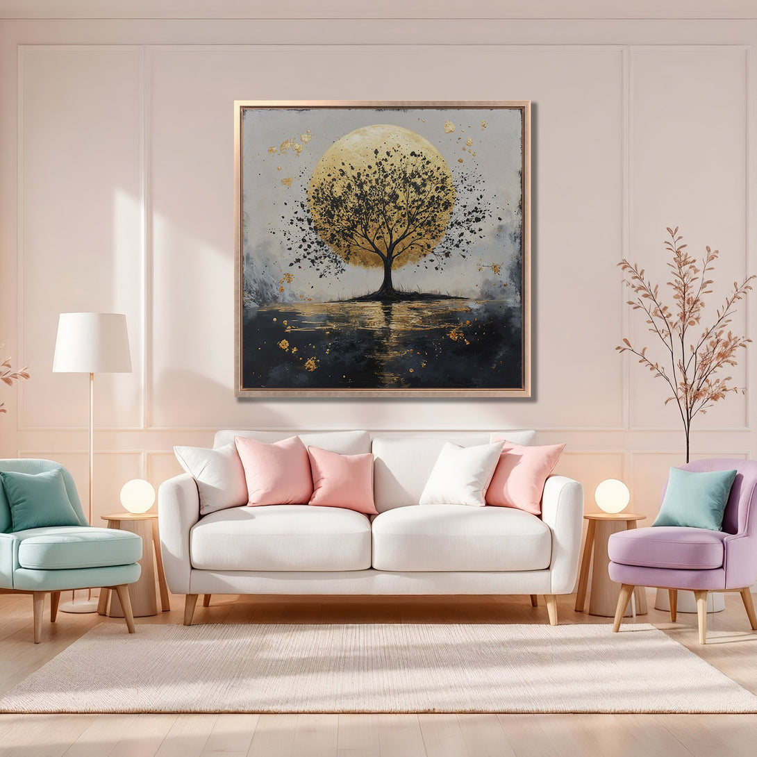 Framed Wall Art: Abstract tree art in gold, black, and gray tones. Modern canvas print adds a touch of elegance to any room. Neutral color palette.