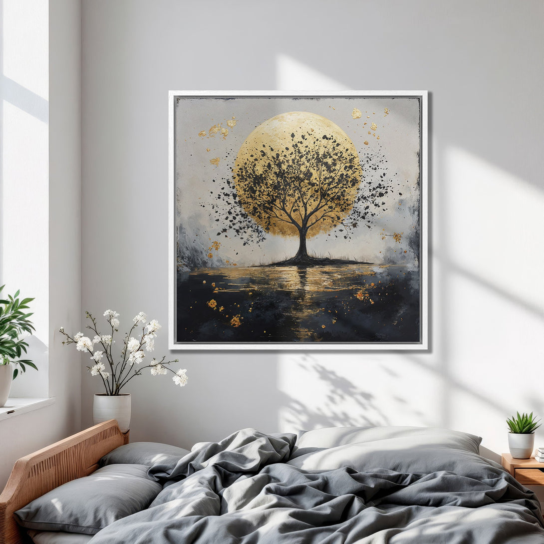 Framed Wall Art: Abstract tree art in gold, black, and gray. Modern canvas print adds a touch of elegance to any bedroom.