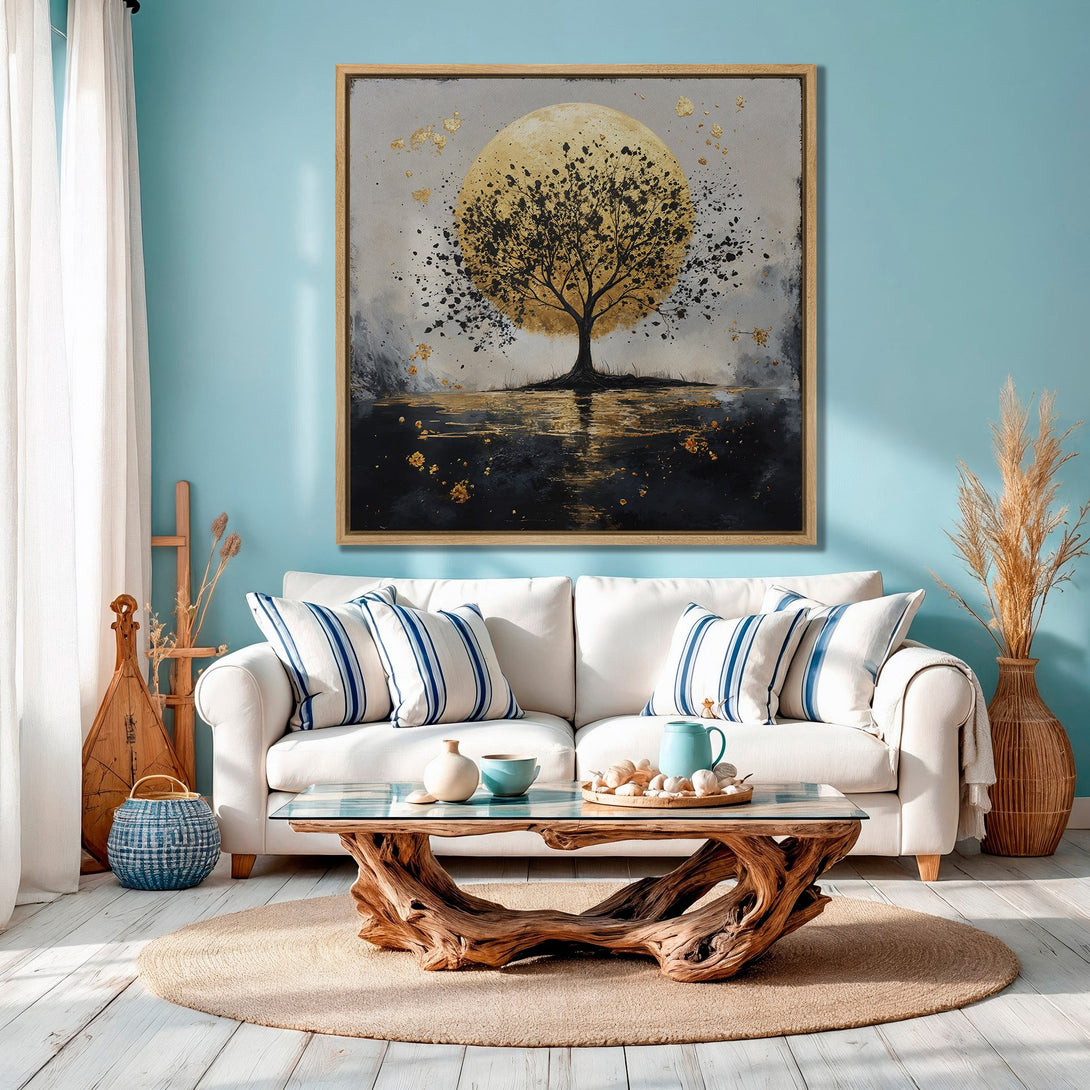 Framed Wall Art: Abstract tree painting with gold accents. Modern art in a living room with a calming blue, black, and gold color palette.