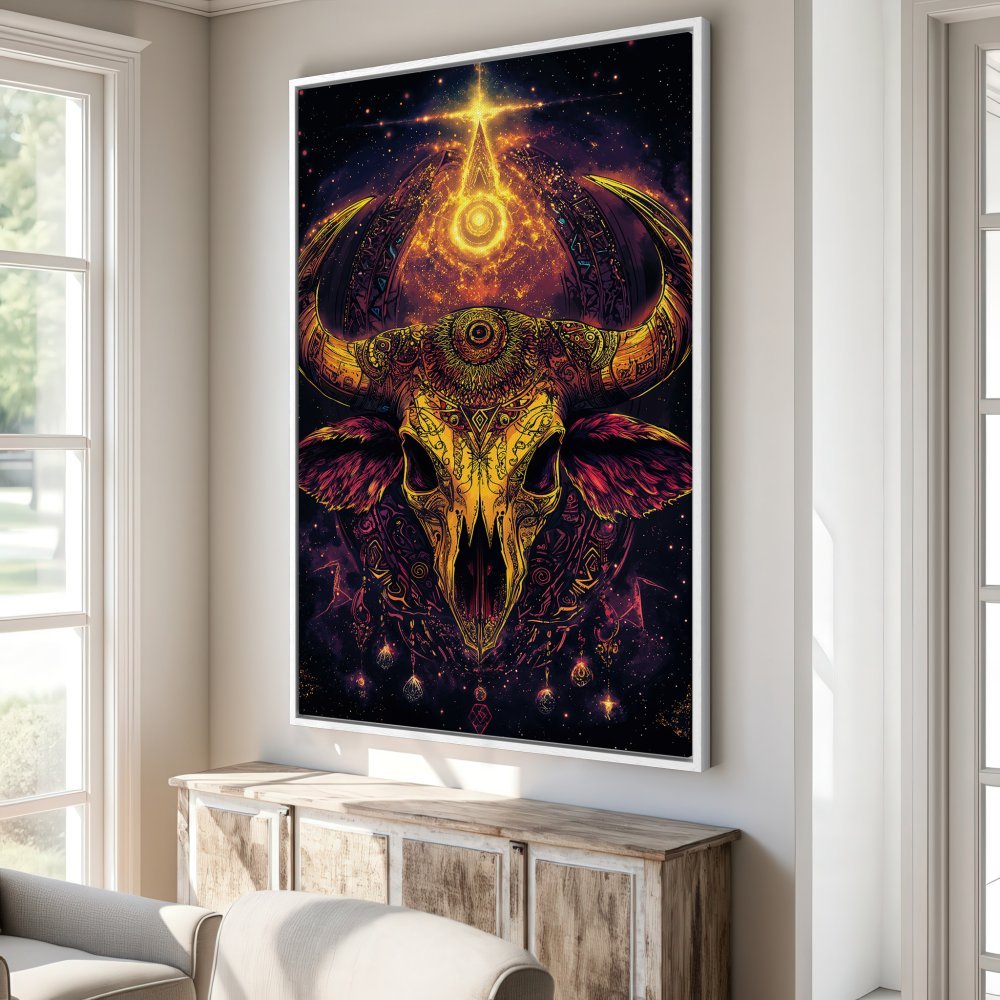 Framed Wall Art: Intricate bull skull art in vibrant gold, purple, and orange. Add a mystical touch to your home with this stunning Canvas Print.